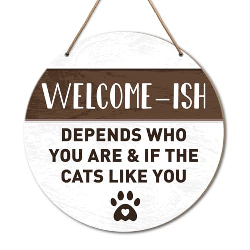 Cat Welcome Sign for Front Door Decor, Cat Farmhouse Welcome Wood Hanging Sign Decor, Cat Sign Decoration for Home Porch Office Door, Housewarming Gifts for Cat Lover Cat Mom Dad, If The Cats Like You - color: A
