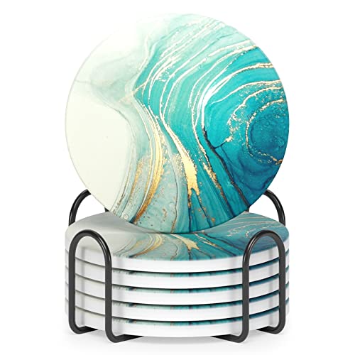 Coasters for Drinks, Set of 6 Cute Absorbent Ceramic Drink Coasters | Set of 6 Absorbent Ceramic Drink Coasters with Holder and Cork Base, Kitchen Home Decor Housewarming Gift, Round 4 in - color: Luxury Gold Teal Ocean