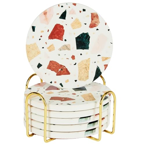Terrazzo Coasters Set of 6, Colorful Boho Absorbent Ceramic Coasters | Speckled terrazzo drink coasters for coffee table & desk; moisture-absorbing stone, boho home decor, housewarming gift - color: Terra