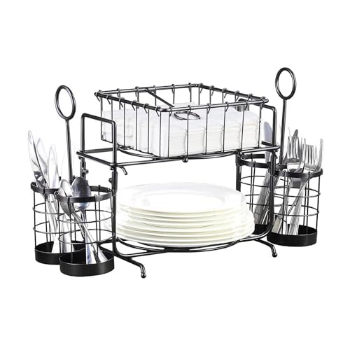Metal Buffet Caddy Tabletop Organizer, Flatware Napkin and Plate Picnic Caddy Stackable Serving Set for Kitchen, Picnic, Camping, Party,Dining, Entertaining, Parties,Thanksgiving