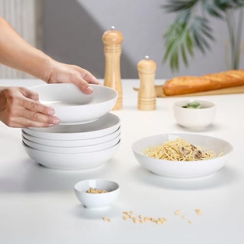 KooK Pasta Bowl, Set of 6, Salad Bowl, Large, Ceramic, Microwave and Dishwasher Safe, for Soups, Shallow Serving Bowls, 32 oz, (White) - color: White