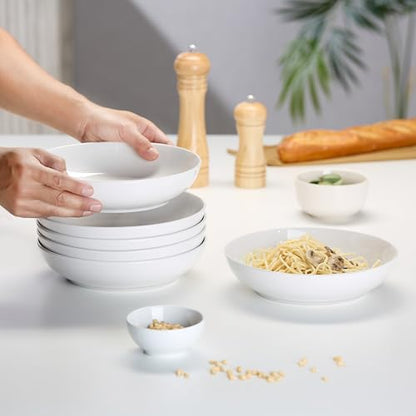 KooK Pasta Bowl, Set of 6, Salad Bowl, Large, Ceramic, Microwave and Dishwasher Safe, for Soups, Shallow Serving Bowls, 32 oz, (White) - color: White
