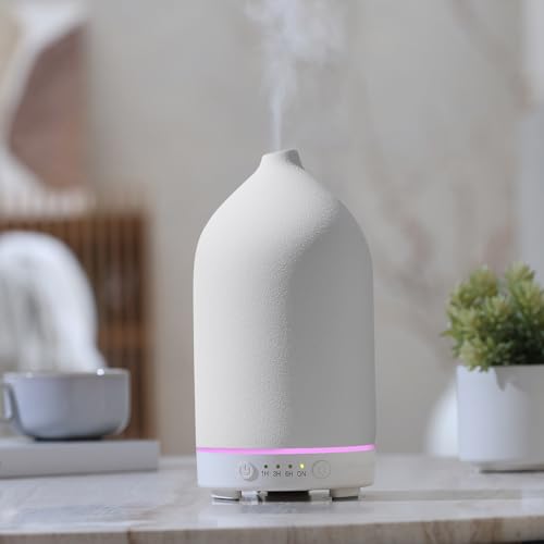 200ML Ceramic Essential Oil Diffuser for Home, Stone Diffuser | Ultrasonic Aromatherapy Diffuser & Air Humidifier for Bedroom, Office, Yoga, 7 LED Lights, Auto Shut-Off, 3 Timers, White - color: White