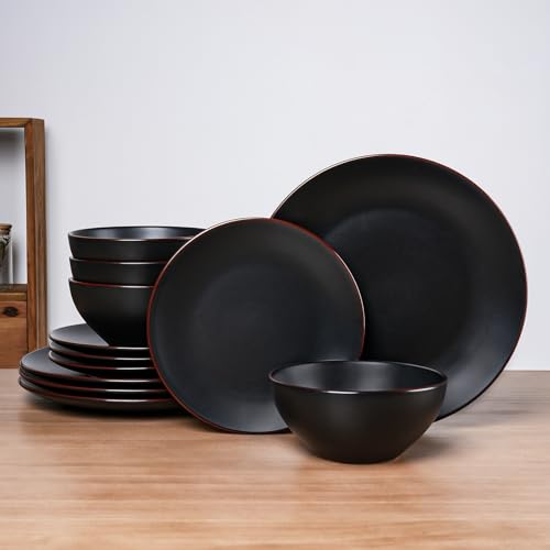 Famiware Venus Plates and Bowls Sets, 12pcs Stoneware Dinnerware Set for 4 | Ceramic Chip-Resistant Dishes, Speckled & Rimmed Design, Microwave & Dishwasher Safe, Modern Minimalist Style, Matte Black - color: Black, size: Serves 4 (12pc)