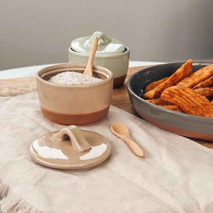Mora Ceramic Salt and Pepper Cellar Set with Lid - 10 oz Modern Canister/Container/Bowl for Storage, Sea Salt, Spice, Sugar, Countertop - Small Dish/Jar with Wood Spoon, Matcha & Chai Crock - color: Matcha & Chai