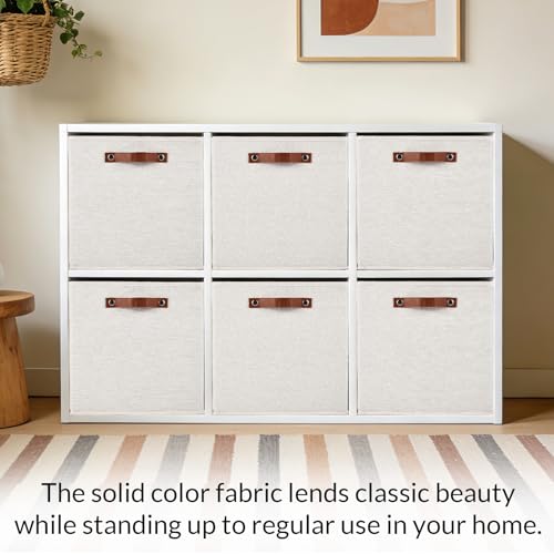 Garvee 6 Pack 13×13 Inch Foldable Fabric Storage Cube Bins, Linen Closet Organizer Boxes with Sturdy Leather Handles, Collapsible Storage Basket for Shelves, Cabinet, Home Organization, Beige