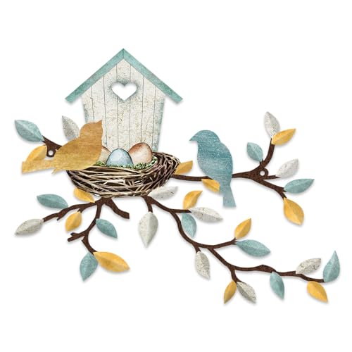 COLOR VALLEY ART-Metal Bird Wall Art Birds on The Branch Wall Decor Leaves with Birds Sculpture Bird Silhouette Metal Ornament Branch Wall Hanging Sign for Balcony Garden Decor (Teal White-16.5''x13'') - color: Teal White, size: 13"L x 16.5"W