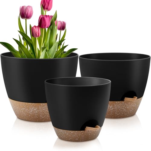 Plant Pots 12/10/9 Inch Self Watering Pots, Set of 3 Plastic Planters with Drainage Holes and Saucers,Plastic Flower Pots,Nursery Planting Pot for Indoor Out Door Plants(Black) - color: Black, size: 12/10/9 inch