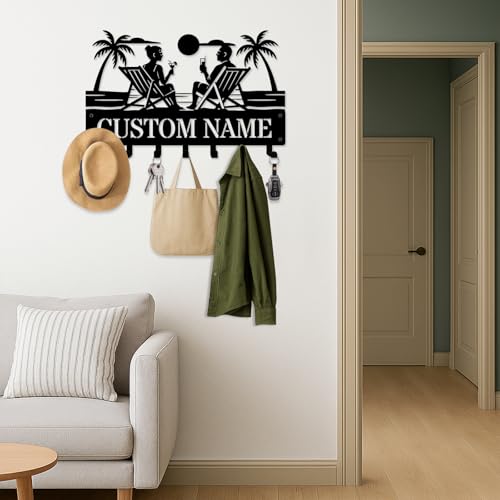 NIWAHO Personalized Key Holder for Couples – Metal Key Hanger Wall Mount with Custom Name – Entryway Home Organizer Rack – Gift for Wedding, Anniversary, Housewarming - color: Couple Beach
