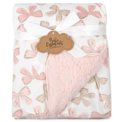 Baby Essentials Sherpa Fleece Baby Blanket 35x30 – Super Soft, Warm Reversible Baby Blankets for Newborns, Infants, Toddlers, and Nursery - color: Bow Print