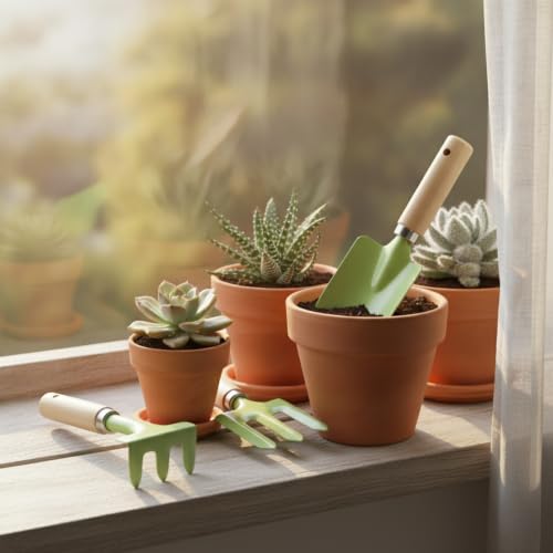 3-Piece Mini Garden Tool Set with Beech Wood Handles and Iron Heads for Indoor Plants, Succulents, and Small Pots - size: 12.6 x 4.72 x 1.57 in