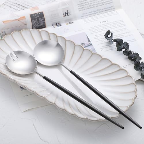 Salad Servers,Spoon and Fork Set 11.41 inch,18/10 Stainless Steel Salad Serving Titanium Plating (black silver) - color: Black/Silver