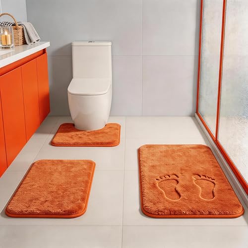 Orange Memory Foam Bath Mat Set Extra Soft Bathroom Rugs 3 Piece Non Slip Absorbent & Dry Living Mat Sets Washable Bath Carpets with Toilet Rug,Bath Rugs for Bathroom,Tub,Shower,Kitchen,Bedroom - color: Orange