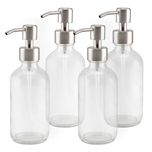 Cornucopia Brands 8oz Clear Glass Bottles w/Stainless Steel Lotion Pumps (4-Pack); Liquid Soap & Lotion Pump Dispensers - size: 4 Count (Pack of 1)