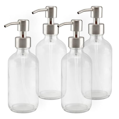 Cornucopia Brands 8oz Clear Glass Bottles w/Stainless Steel Lotion Pumps (4-Pack); Liquid Soap & Lotion Pump Dispensers - size: 4 Count (Pack of 1)