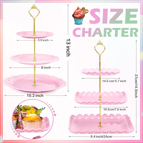 6 Pcs 3 Tier Cupcake Stand Tea Party Trays 3 Tier Serving Tray Plastic Dessert Stand Cake Fruit Candy Display Tower for Wedding Birthday Tea Party (Round,Square,White,Pink,Green) - color: White,pink,green, size: Round,Square