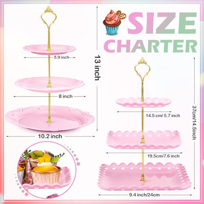 6 Pcs 3 Tier Cupcake Stand Tea Party Trays 3 Tier Serving Tray Plastic Dessert Stand Cake Fruit Candy Display Tower for Wedding Birthday Tea Party (Round,Square,White,Pink,Green) - color: White,pink,green, size: Round,Square