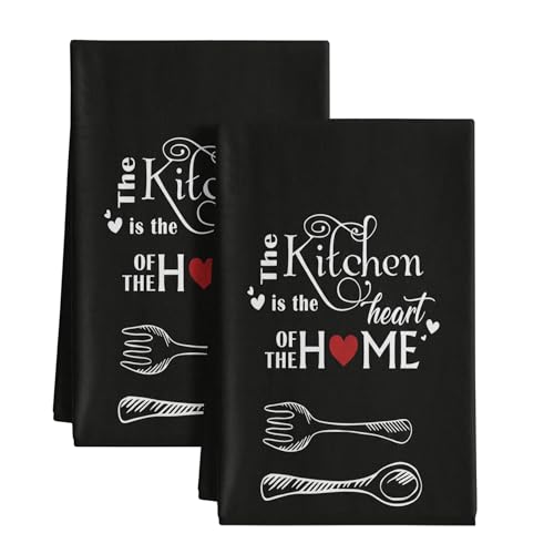 Black Funny Kitchen Towels and Dishcloths Sets of 2 Kitchen Towels with The Kitchen is The Heart of The Home Sayings Absorbent Drying Tea Dish Towel for Cooking Baking Home Decorations - color: Love