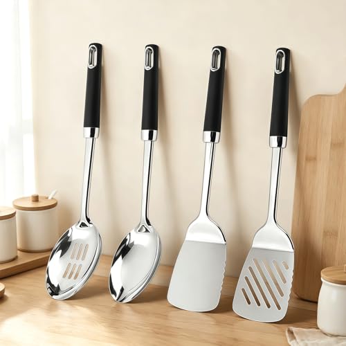 4PCS Stainless Steel Cooking Spatula Spoon Set, Metal Cooking Utensils Set with Anti-Scald Handle, Heat Resistant Kitchen Utensils Set with Turners, Serving Spoon, Ladle, Skimmer, Pasta Server