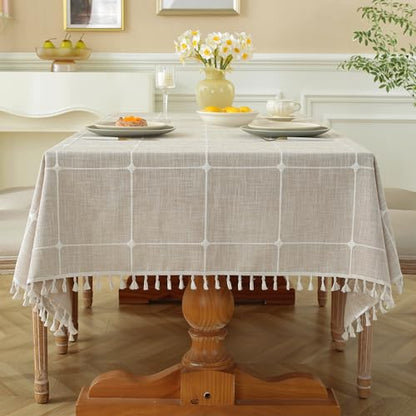 Laolitou Rustic Cotton Linen Table Cloth,Tablecloths for 6 Foot Rectangle Tables,Waterproof Washable Tablecloth with Tassel Rectangle/Oblong, 55''x 86'', 6-8 Seats - color: Coffee Plaids, size: 86" x 55" (Rectangular)