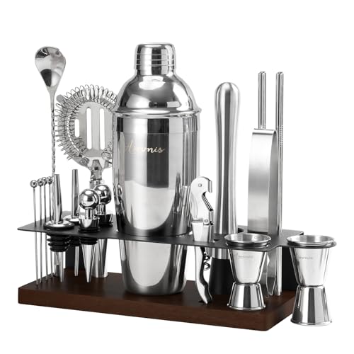 23-Piece Cocktail Shaker Set with Stand, 304 SS, Bartender Kit Gift | Complete Home Bar Set: Leak-proof Shaker, Jigger, Muddler, 18/8 Steel, Gift for beginners, cocktail lovers & house parties - color: Chocolate