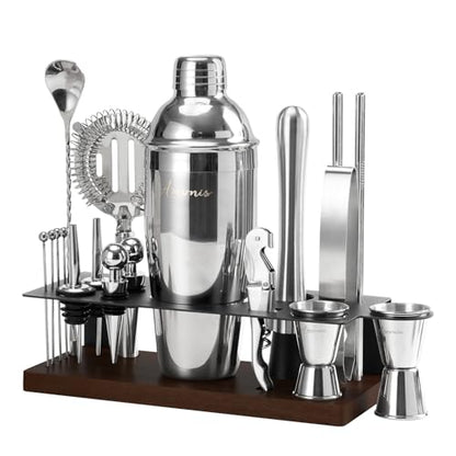 23-Piece Cocktail Shaker Set with Stand, 304 SS, Bartender Kit Gift | Complete Home Bar Set: Leak-proof Shaker, Jigger, Muddler, 18/8 Steel, Gift for beginners, cocktail lovers & house parties - color: Chocolate