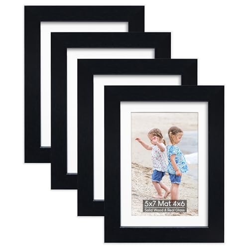 5x7 Wooden Picture Frame Set of 4 (with 4x6 Mat), Solid Wood with Real HD Glass, for Tabletop or Wall Mount, Picture Frames Collage Wall Décor, Black - color: Black, size: 5x7