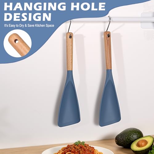 Cooking Spoon for Nonstick Cookwares, Multifunction Spatula Spoon, Great for Both Cooking and Serving, Wood Handle Spoon for Stirring, Mixing, Serving (2, BLUE) - color: Blue