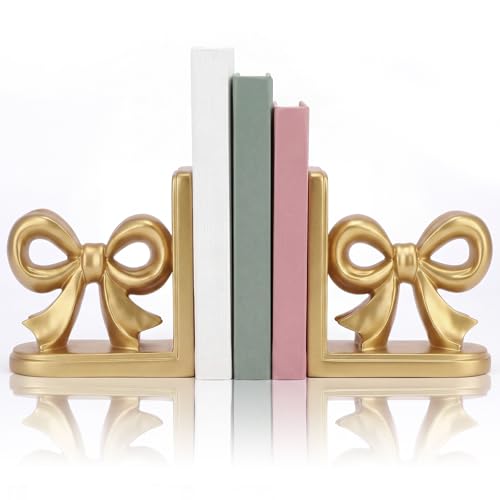 SiliFine 2 Pcs Gold Bow Bookends Cute Resin Bookends Heavy Duty Decorative Book Stand Decor Sculpture Statues Tabletop Shelf Ornament for Desk Home Office Decoration Teacher Back to School Gifts