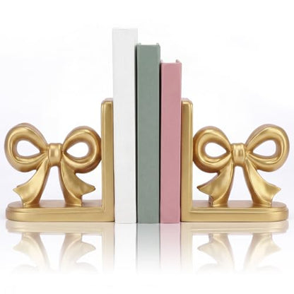 SiliFine 2 Pcs Gold Bow Bookends Cute Resin Bookends Heavy Duty Decorative Book Stand Decor Sculpture Statues Tabletop Shelf Ornament for Desk Home Office Decoration Teacher Back to School Gifts