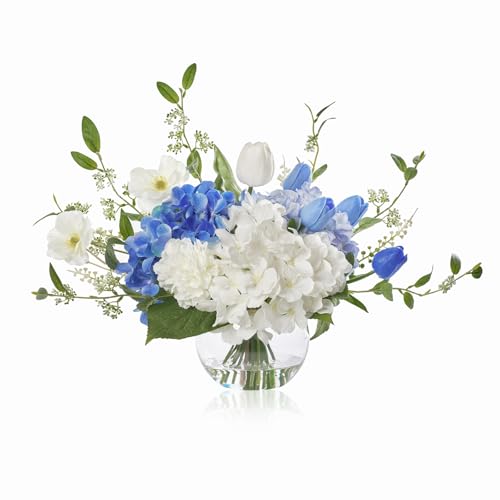 WELL KNOWN Artificial Flowers with Vase, Silk Blue & White Flower Bouquet | Hydrangea Peony in Vase with Faux Water for Home Decor, Fake Tulips Flower Arrangements for Wedding Party Table Centerpieces - color: Blue & White Mixed