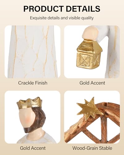 12 Set Nativity Scene Resin Figurines – Handcrafted Christmas Crèche with Holy Family, Mar Joseph Angel Wise Men Animals Stable – Religious Holiday Xmas Decoration for Home Church Mantel (Beige)