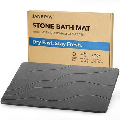 Stone Bath Mat, Quick-Dry Diatomaceous Earth Shower Mat, Absorbent Bathroom Mat for Shower/Tub Exit, New Apartment Essential & Housewarming Gift, 23.5" x 15.5" Dark Gray Wave - color: Dark Gray-wave