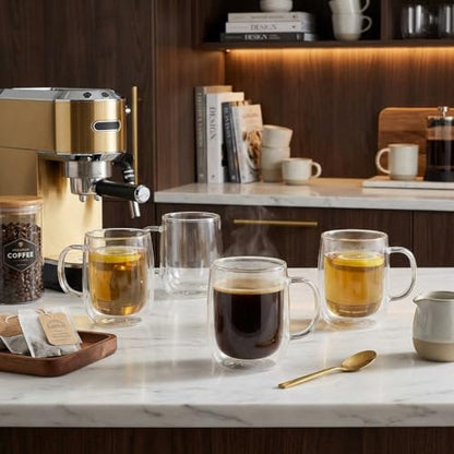COLLECTIVE HOME 14oz Double Walled Glass Coffee Mugs, Set of 4 - Insulated Clear Glass Cups with Handle, Premium Gift Boxed, Heat Resistant Borosilicate Glassware for Latte, Americano & Tea (4)