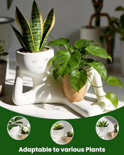 Funny Planters Pots Head Funny Cute Succulent Plant Pots Face Head Planter Unique Bathroom Planters Lazy Guy Little Character Flowerpot - Small Ceramic Pots for Indoor Plants with Drainage