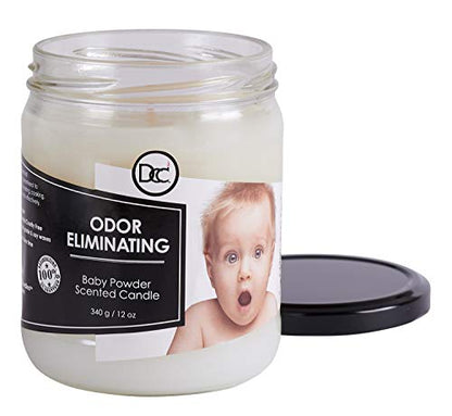 Baby Powder Odor Eliminating Highly Fragranced Candle - Eliminates 95% of Pet, Smoke, Food, and Other Smells Quickly - Up to 80 Hour Burn time - 12 Ounce Premium Soy Blend - color: Baby Powder