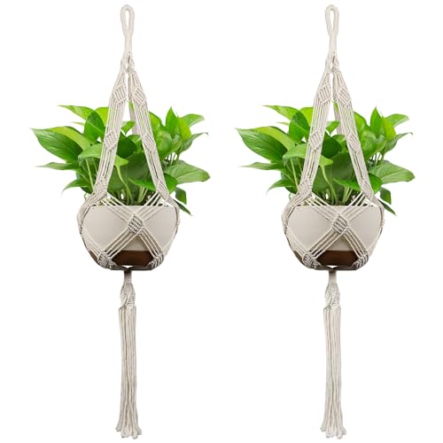 USLAI Macrame Plant Hanger Indoor Outdoor, Up to 4-12 inch Pot, Heavy 20lb Planters, Extra Long Strong Hanging Planter Basket Holder, Boho Home Decor, 42+42 Inch, Ivory (POTS NOT Included) - color: 42+42 Inch - Ivory