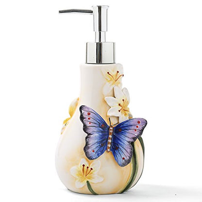 Ceramic Bathroom Accessory Set Dancing Butterfly Ceramic 5 Pieces Set,Including Toothbrush Holders,2 Gargle Tooth-Brushing Cups,Soap Dishes,Soap & Lotion Dispenser