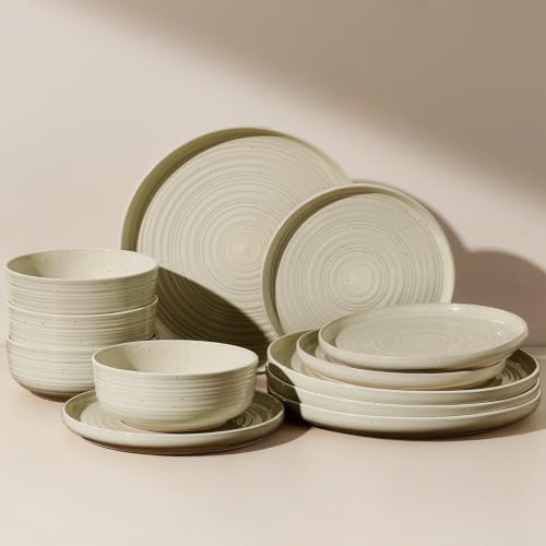 Stoneware Dinnerware Set for 4, White Honey Plates & Bowls | 12 pcs Speckled Spiral Coupe Dishes, Chip & Scratch Resistant Everyday Ceramics, Microwave & Dishwasher Safe, Farmhouse Style - color: White Honey, size: Service for 4 (12pc)