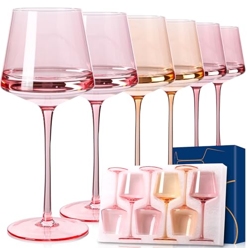 Pink wine glasses set-Pink Colored Wine Glasses Set of 6 -light peach wine glasses Gifts for Women Hand-Blown colored Glasses-Bachelorette, Party, Celebration, Birthday - color: Pink