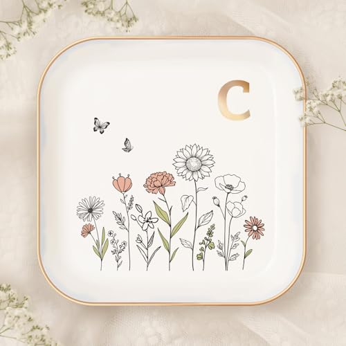 Gifts for Women – Initial Ring Dish with Floral Initial Design, Gift Boxed – Perfect Birthday Gifts for Mom, Girls, Best Friend, Bride, or Girlfriend – Mothers Day Gifts and Graduation Gift - color: Golden-c