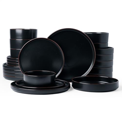 Famiware Nebula Ridge 24-Piece Dinnerware Set with Pasta Bowls, Matte Black | Stoneware Plates and Bowls for 6, Warm Hand-Painted Rims, Microwave and Dishwasher Safe - color: Matte Black, size: Service for 6 (Include Pasta Bowls)