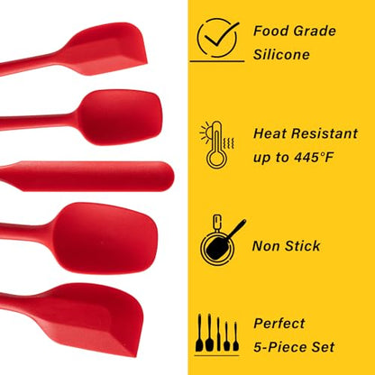 Silicone Spatula Set,5 Piece Food Grade Rubber Spatulas,RED | Spatulas Silicone Heat Resistant for Baking,Cooking,and Mixing High Heat Resistant Non Stick Dishwasher Safe BPA-Free - color: Red