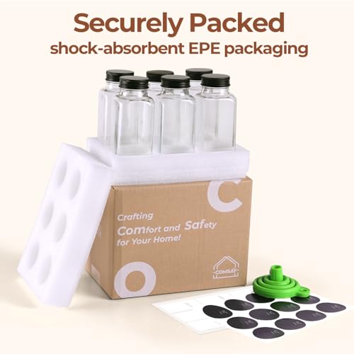 ComSaf Glass Spice Jars with with Labels 8 oz 6 Pack Square | Empty Containers, Seasoning Herbs Powders, Salt Pepper Chili, Spice Rack Organization, Kitchen Cabinet Storage - color: 8oz*6 Metal Lids