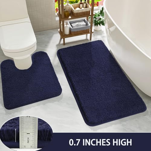 Navy Blue Bathroom Rug Set 2 Piece Bath Mat 21x34 U Shape Toilet Rug 21x21 | Absorbent,Washable,Non Slip Bathroom Rugs Sets,Contour Mat for Toilet - color: Navy Blue