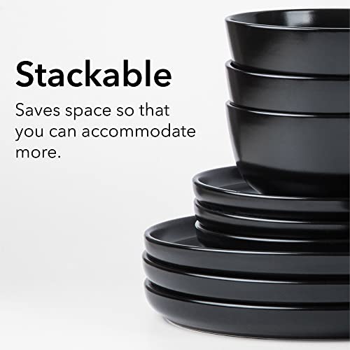 ARORA SKUGGA Round Stoneware 16pc Dinnerware Set of 4, Dinner Plates, Side Plates, Cereal Bowls, Mugs - Matte Black (472979) - color: Black-Bowl/Mug, style: Round-Service for 4(16pcs)