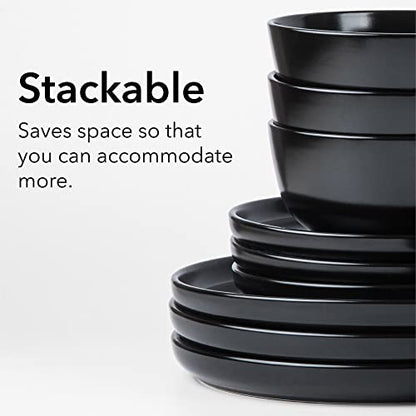 ARORA SKUGGA Round Stoneware 16pc Dinnerware Set of 4, Dinner Plates, Side Plates, Cereal Bowls, Mugs - Matte Black (472979) - color: Black-Bowl/Mug, style: Round-Service for 4(16pcs)