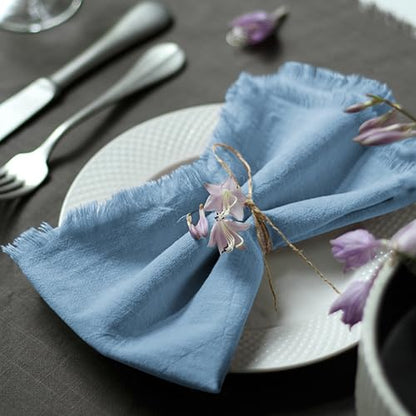 Handmade Cloth Napkins 100% Cotton Napkins with Fringe，Delicate Handmade Cloth Napkins for Dinners, Parties, Weddings and More，18 x 18 Inch Set of 4 - Blue - color: Blue