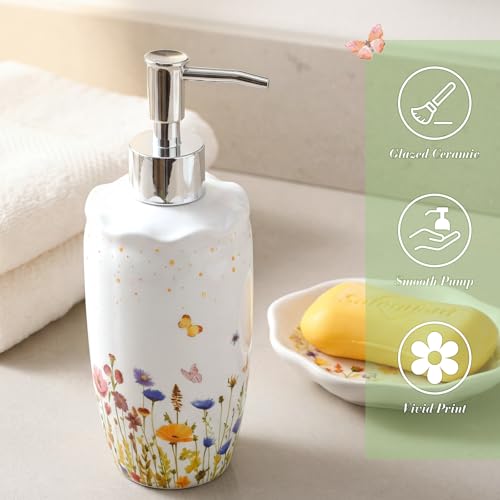Ceramic Bathroom Accessories Set of 4, Wildflower Meadow Floral Decor with Butterflies & Gold Speckles, Soap Dispenser Pump, Toothbrush Holder, Tumbler Cup & Soap Dish for Countertop Vanity - style: Wildflower