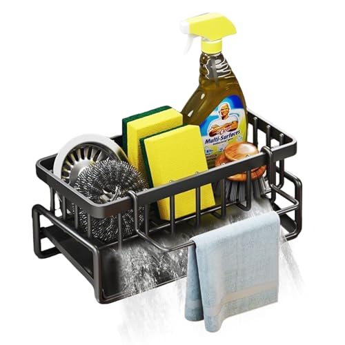 Sponge Holder for Kitchen Sink Organizer Caddy with Auto Drain Tray Plastic - color: Carbon Steel
